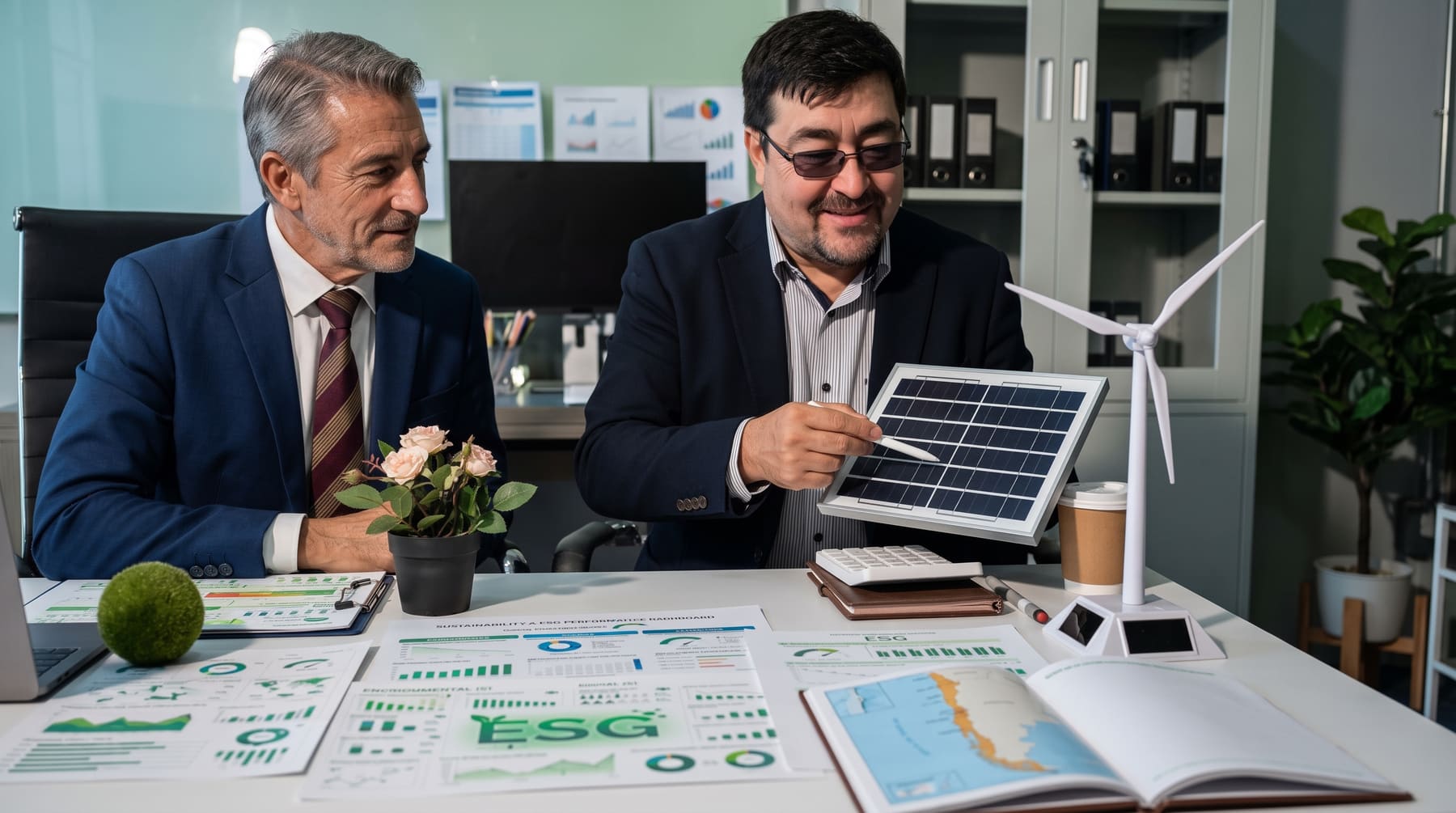 Dos profesionales revisan un panel fotovoltaico y reportes de desempeño energético durante una reunión de asesoría.