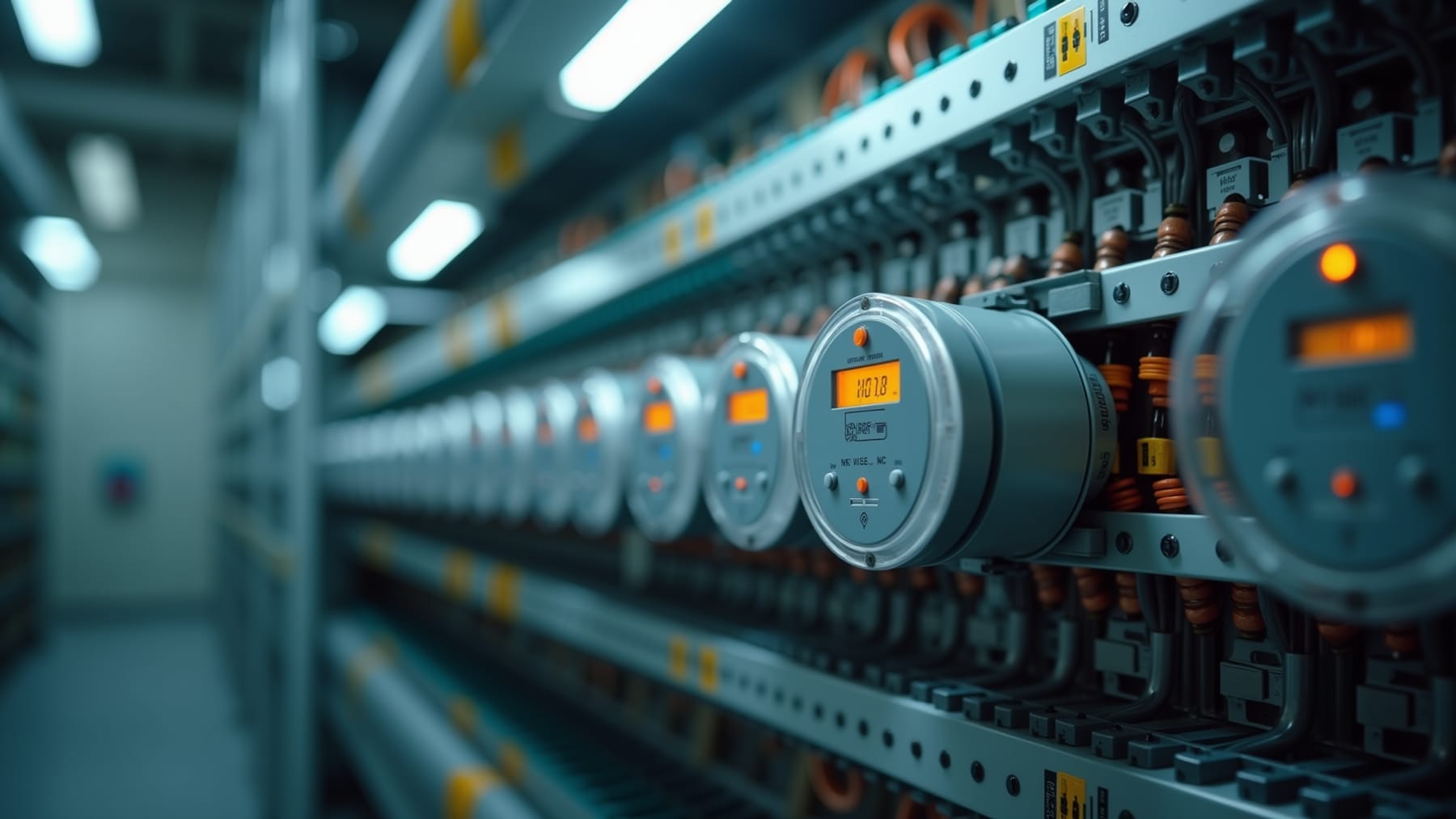Tablero de medidores de energía en una sala técnica, con instrumentos y cableado ordenado.